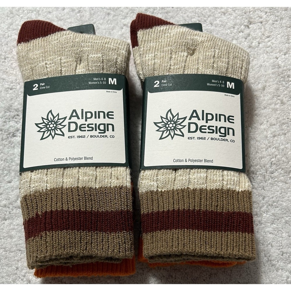 Alpine Designs Ragg Hiker Socks Lot of 2(2 Pair Each) Adult MD Maroon/BR/Orange